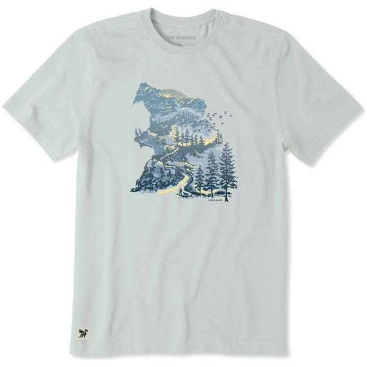 A front view of the Life is Good Men's Bear Mountainscape Short Sleeve Crusher-LITE Tee in Fog Gray showing the mountain graphic and small logo on the bottom left.