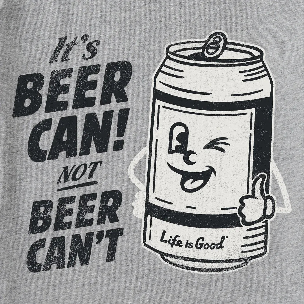 A heather gray Life is Good Men's Beer Can Short Sleevecrusher-lite with a winking beer can graphic and "Life is Good" text on the can.
