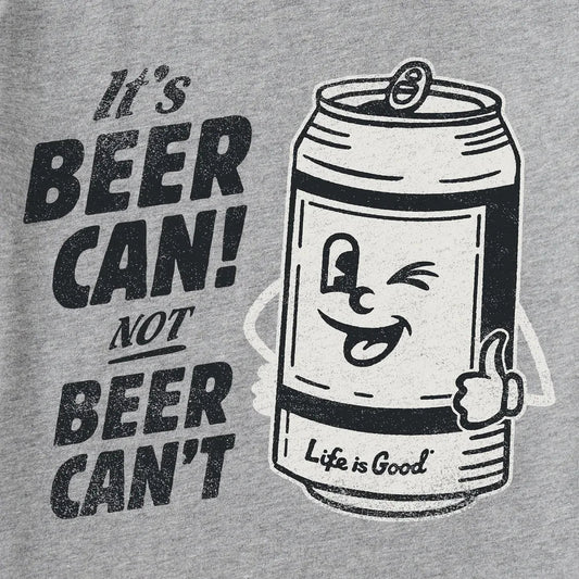 A heather gray Life is Good Men's Beer Can Short Sleevecrusher-lite with a winking beer can graphic and "Life is Good" text on the can.