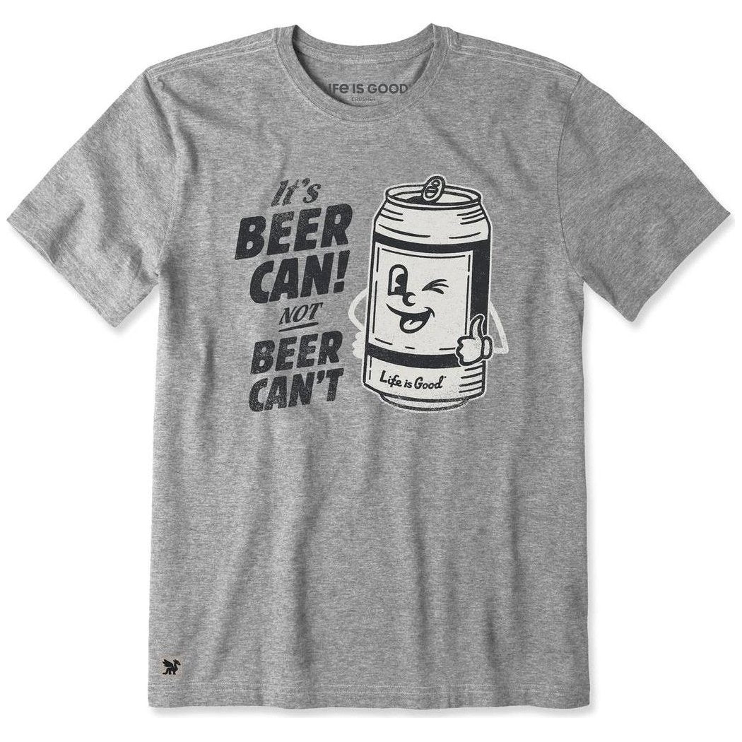 A heather gray Life is Good Men's Beer Can Short Sleevecrusher-lite t-shirt with a winking beer can graphic and text "It's Beer Can! Not Beer Can't" on the front.
