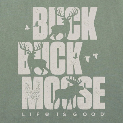 A moss green Life is Good Men's Buck Buck Moose Stack Crusher-LITE tee with deer and bird graphics.