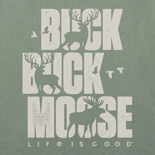 A moss green Life is Good Men's Buck Buck Moose Stack Crusher-LITE tee with deer and bird graphics.