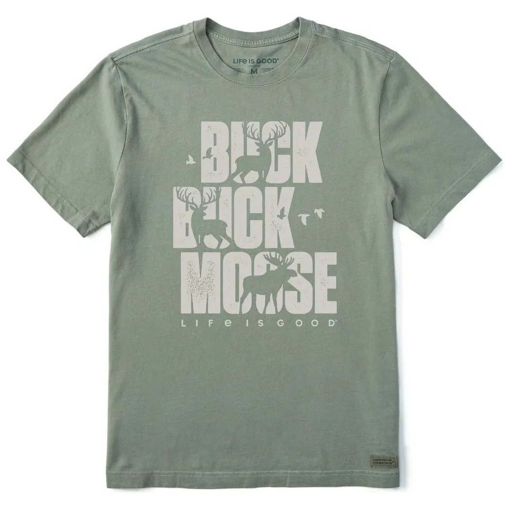 A front view of the Life is Good Men's Buck Buck Moose Stack Short Sleeve Crusher-LITE Tee in Moss Green against a white background.