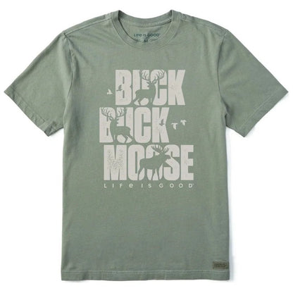 A front view of the Life is Good Men's Buck Buck Moose Stack Short Sleeve Crusher-LITE Tee in Moss Green against a white background.