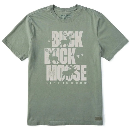 A front view of the Life is Good Men's Buck Buck Moose Stack Short Sleeve Crusher-LITE Tee in Moss Green against a white background.