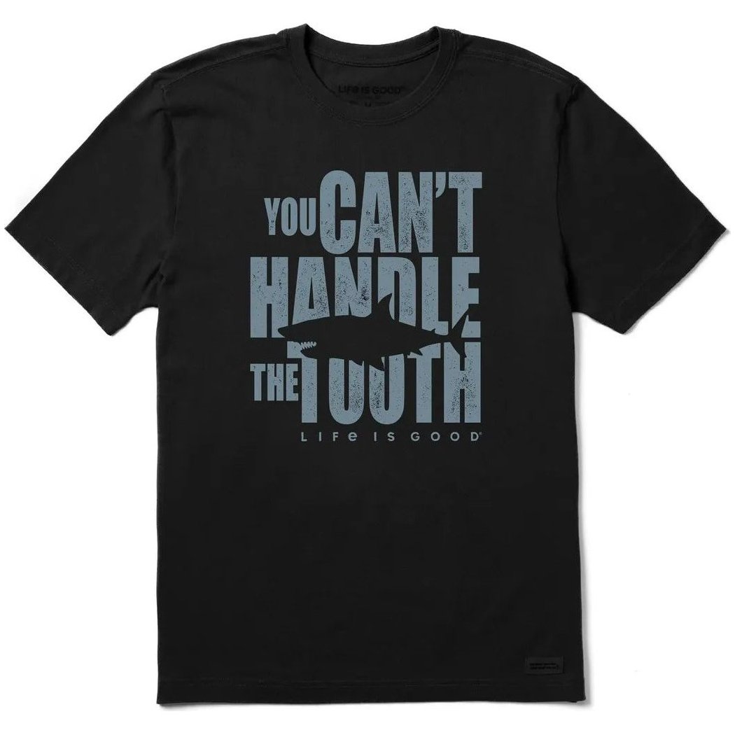 A front view of the Life is Good Men's Can't Handle the Tooth Stack Short Sleeve Tee in Faded Black with a shark graphic on the front.