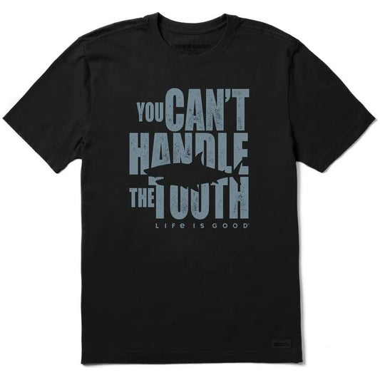 A front view of the Life is Good Men's Can't Handle the Tooth Stack Short Sleeve Tee in Faded Black with a shark graphic on the front.