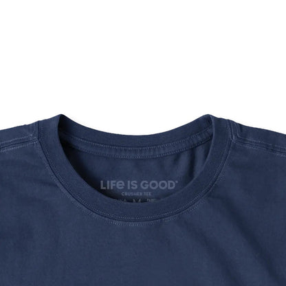 Darkest Blue Life is Good Men's Dad Tax Short Sleeve Tee close up of the collar showing the brand tag against a white background.