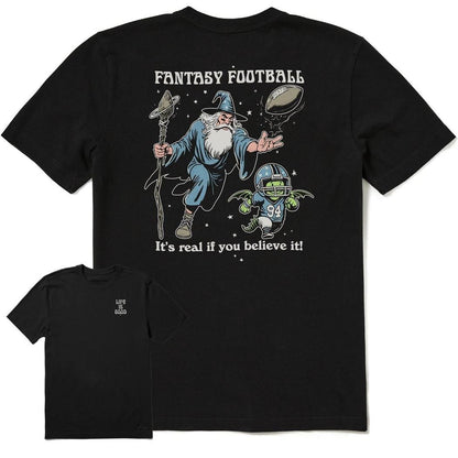 Back view of the Life is Good Men's Fantasy Football Short Sleeve Crusher Tee in Faded Black showing the wizard graphic and "It's real if you believe it!" text.