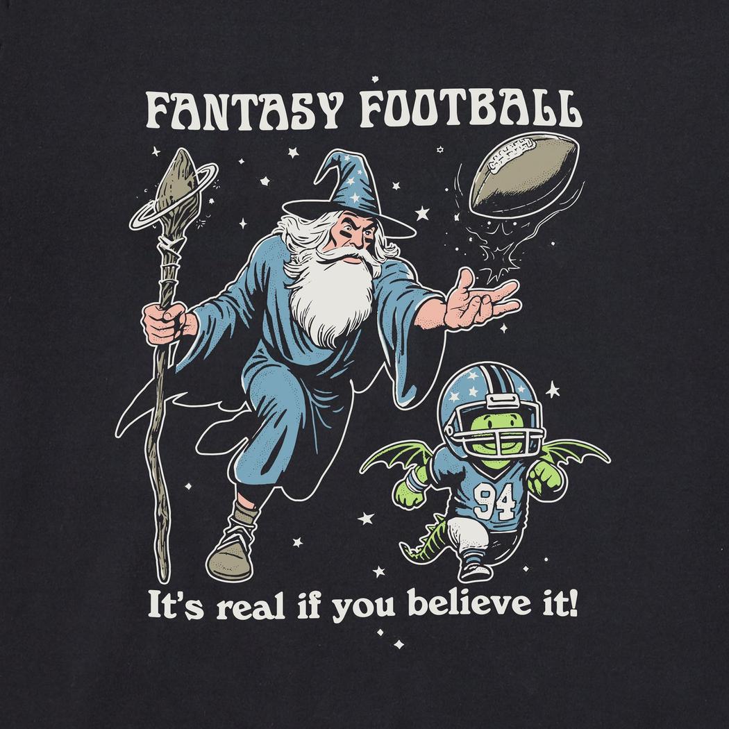 A black Fantasy Football Crusher Tee with a wizard and football player graphic, showing the front design.