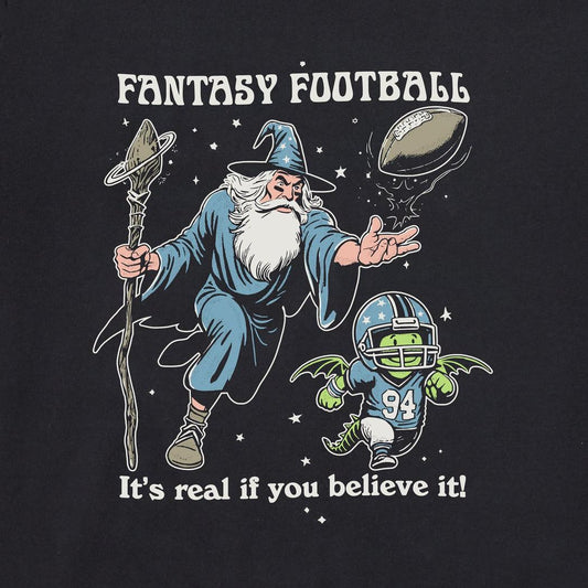 A black Fantasy Football Crusher Tee with a wizard and football player graphic, showing the front design.