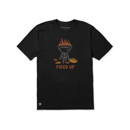 A front view of the Life is Good Men's Fired Up Grill + Football Short Sleeve Crusher Tee in Faded Black showing the grill graphic and text on a white background.