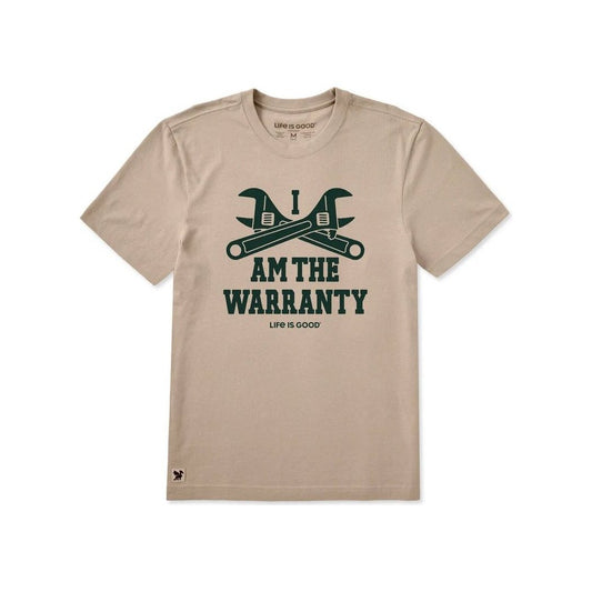A front view of the Life is Good Men's I am the Warranty Short Sleeve Crusher Tee in Oat Brown with a white background.