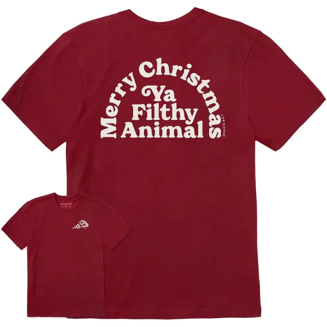 A front and back view of the Life is Good Men's Merry Christmas Ya Filthy Animal Short Sleeve Crusher Tee in Adirondack Red showing the text on the back and a small logo on the front.