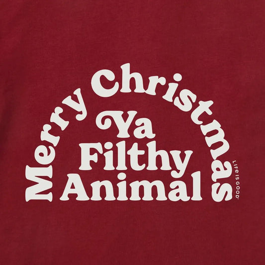 A red Life is Good Men's Merry Christmas Ya Filthy Animal Crusher Tee photo with white text on it.