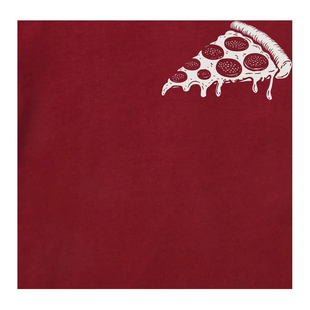 A red Life is Good Men's Merry Christmas Ya Filthy Animal Crusher Tee with a white pizza graphic on the upper right.