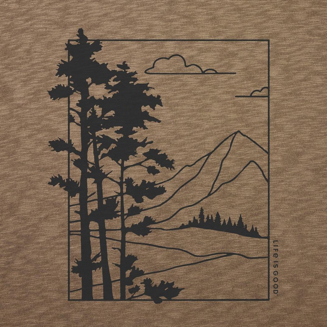 A brown tee with a mountain landscape graphic and "Life is Good" text on the side.