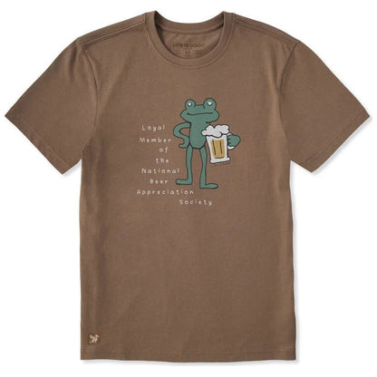 A front view of the Life is Good Men's National Beer Appreciation Frog Short Sleeve Tee in Mushroom Brown showing the frog graphic and text on a white background.