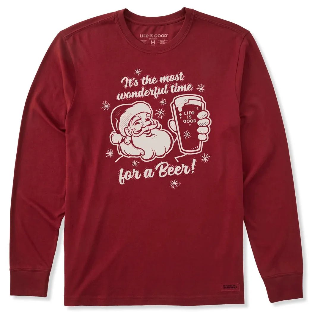 Life is Good Men's Time for a Beer Santa Long Sleeve Crusher Tee-Men's - Clothing - Tops-Adirondack Red-M-Appalachian Outfitters