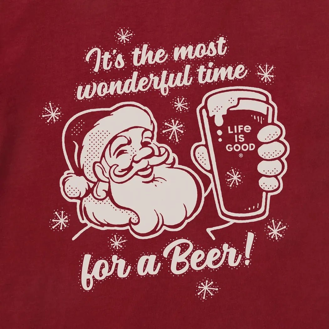 A red Life is Good Men's Time for a Beer Santa Crusher Tee with white graphics and snowflakes.