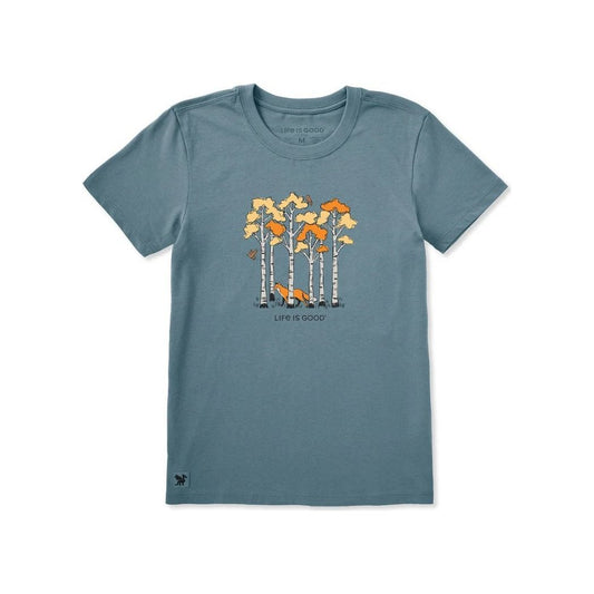 A front view of the Life is Good Women's Among the Aspens Short Sleeve Crusher Tee in Slate Blue showing the birch tree graphic on a white background.