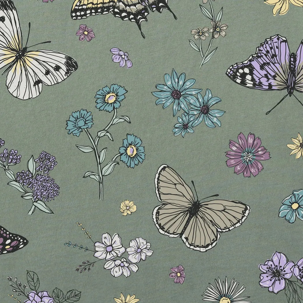 A moss green Life is Good Women's Butterfly Garden Pattern Crusher Boxy Tank with butterflies and flowers on a green background.
