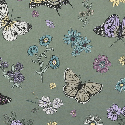 A moss green Life is Good Women's Butterfly Garden Pattern Crusher Boxy Tank with butterflies and flowers on a green background.