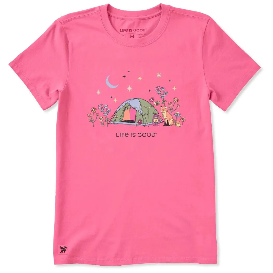 A front view of the Life is Good Women's Camping Fox Flowers Short Sleeve Crusher-LITE Tee in Watermelon Pink showing the camping graphic and text.