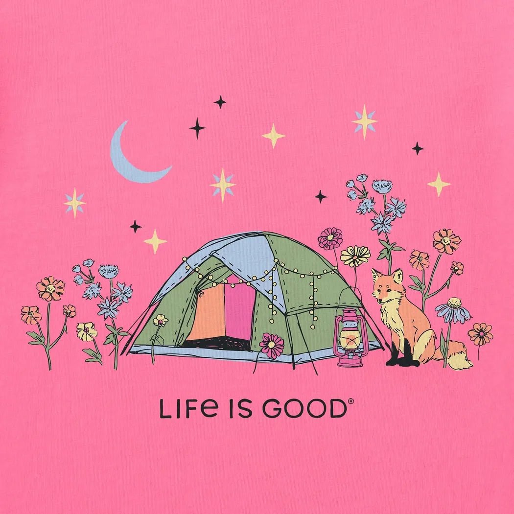 A pink tee with a tent, fox, and flowers, saying "Life is Good" at the bottom.