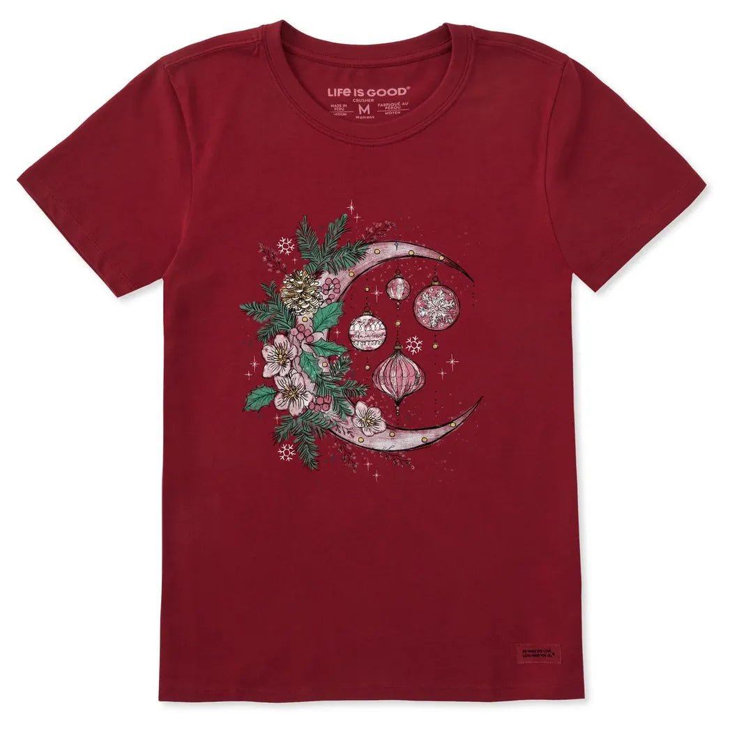 Life is Good Women's Christmas Ornament Moon Short Sleeve Crusher Tee-Women's - Clothing - Tops-Adirondack Red-S-Appalachian Outfitters