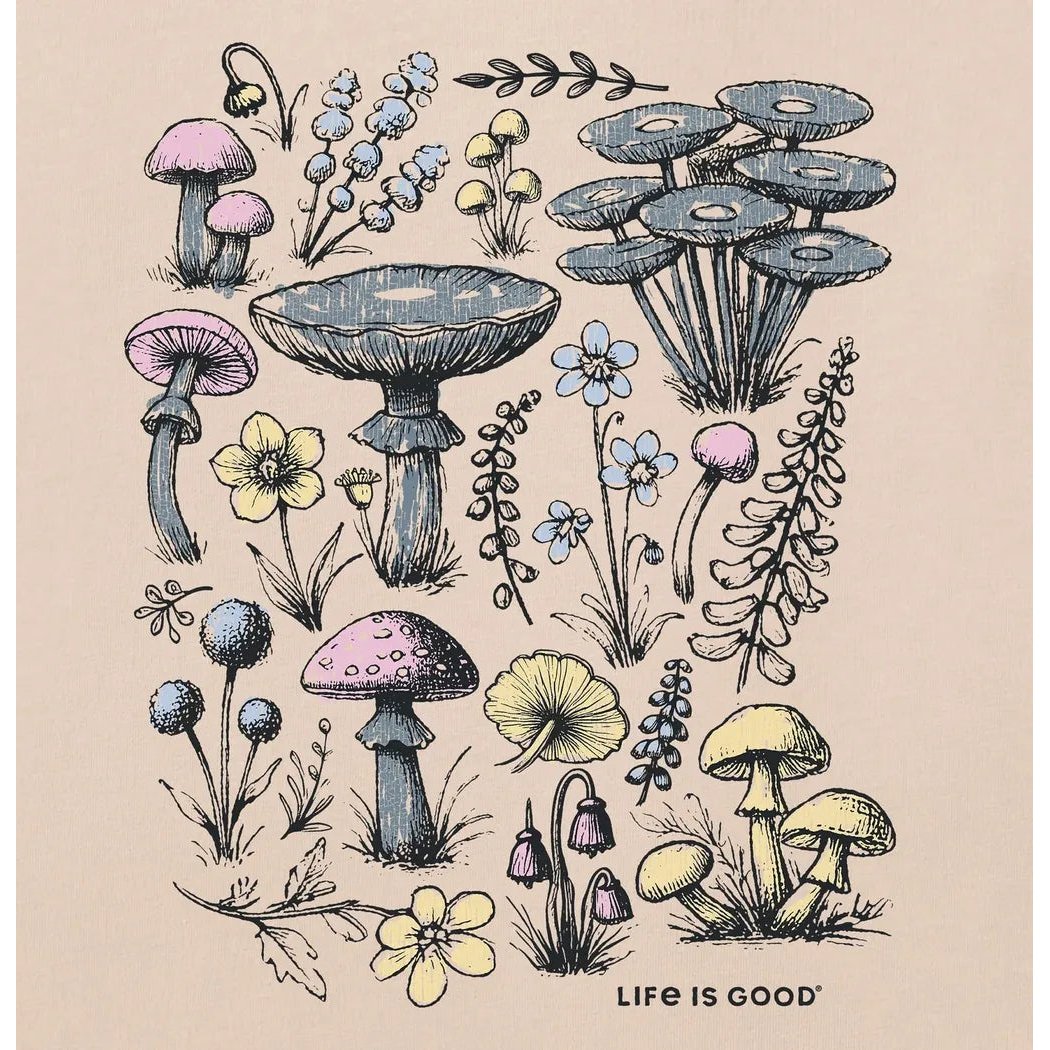 A colorful illustration of mushrooms and flowers with "Life is Good" text at the bottom.