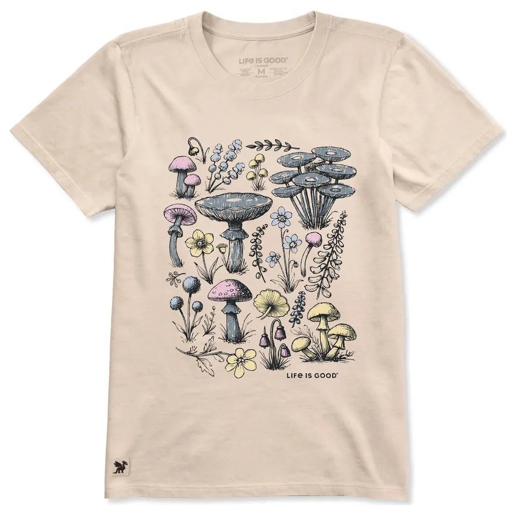 A front view of the Life is Good Women's Collection of Mushrooms Short Sleeve Crusher Tee in Birch White showing the mushroom and floral graphic on a light colored tee.