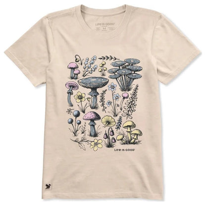 A front view of the Life is Good Women's Collection of Mushrooms Short Sleeve Crusher Tee in Birch White showing the mushroom and floral graphic on a light colored tee.