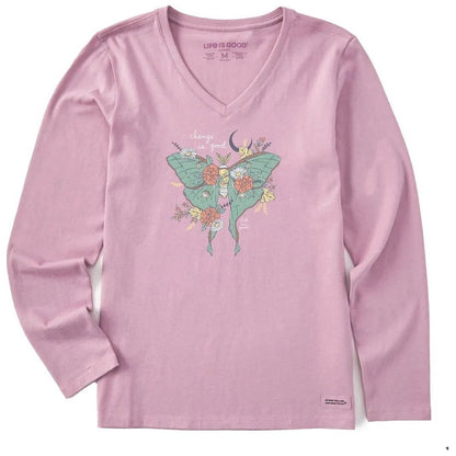 Life is Good Women's Fall Luna Moth Long Sleeve Crusher Vee-Women's - Clothing - Tops-Violet Purple-S-Appalachian Outfitters