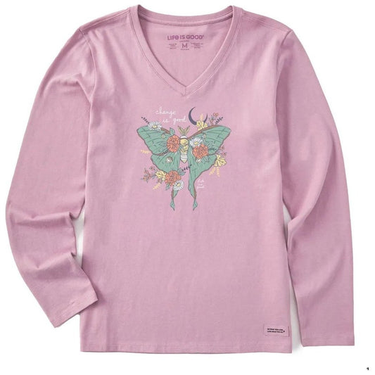Life is Good Women's Fall Luna Moth Long Sleeve Crusher Vee-Women's - Clothing - Tops-Violet Purple-S-Appalachian Outfitters