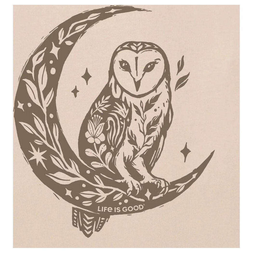A graphic tee with an owl on a moon and "Life is Good" text, in Birch White.