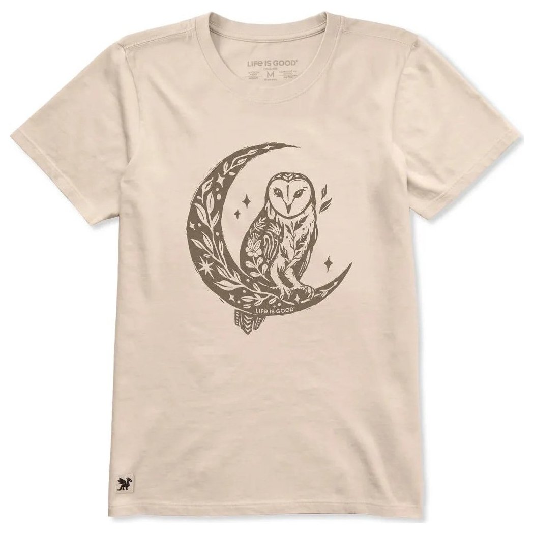 A front view of the Life is Good Women's Florowl Moon Short Sleeve Crusher Tee in Birch White showing the owl on the moon graphic against a plain background.
