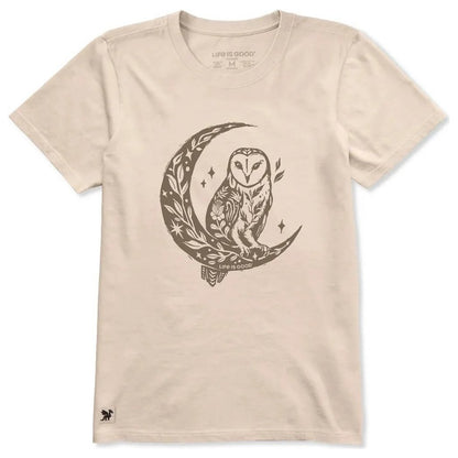 A front view of the Life is Good Women's Florowl Moon Short Sleeve Crusher Tee in Birch White showing the owl on the moon graphic against a plain background.
