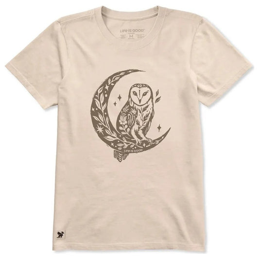 A front view of the Life is Good Women's Florowl Moon Short Sleeve Crusher Tee in Birch White showing the owl on the moon graphic against a plain background.