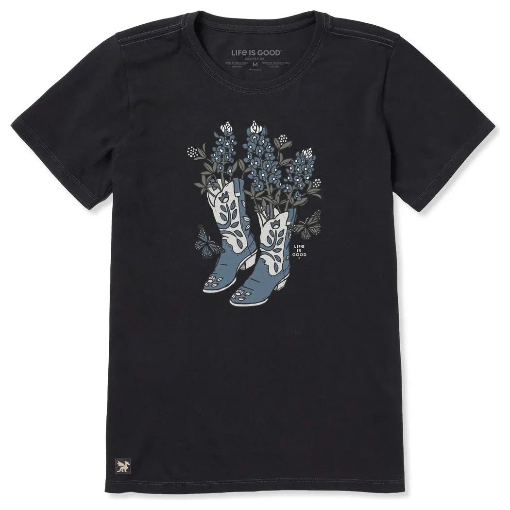 Life is Good Women's Flower Boots with Flowers Short Sleeve Crusher Tee-Women's - Clothing - Tops-Appalachian Outfitters