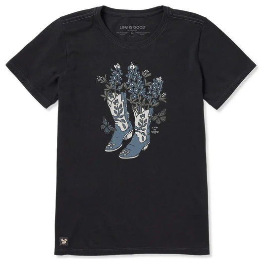 Life is Good Women's Flower Boots with Flowers Short Sleeve Crusher Tee-Women's - Clothing - Tops-Appalachian Outfitters
