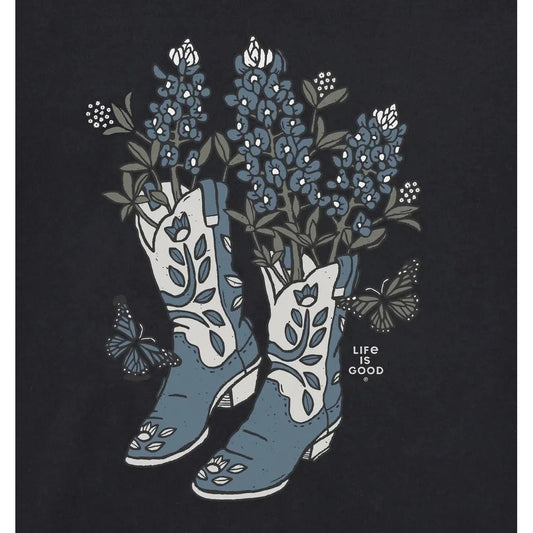 Life is Good Women's Flower Boots with Flowers Short Sleeve Crusher Tee-Women's - Clothing - Tops-Appalachian Outfitters