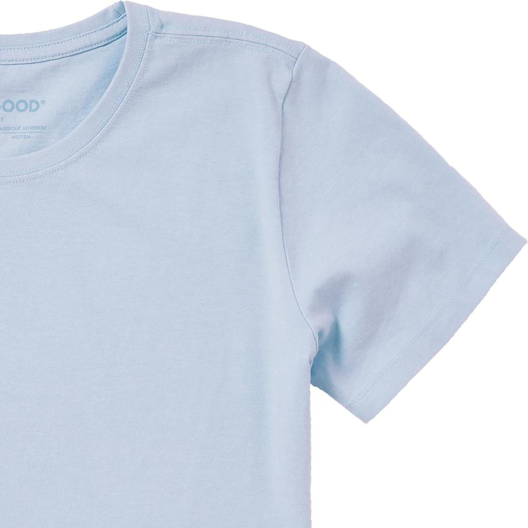 A close-up of the Life is Good Women's Forgetmenot Butterfly Short Sleeve Crusher Tee in Glacier Blue showing the collar and sleeve against a white background.
