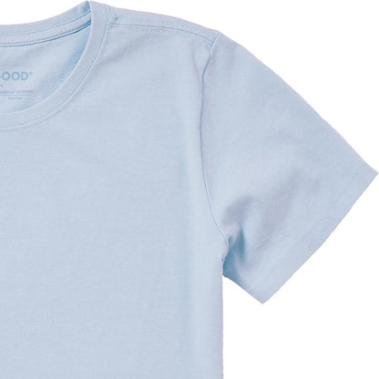 A close-up of the Life is Good Women's Forgetmenot Butterfly Short Sleeve Crusher Tee in Glacier Blue showing the collar and sleeve against a white background.