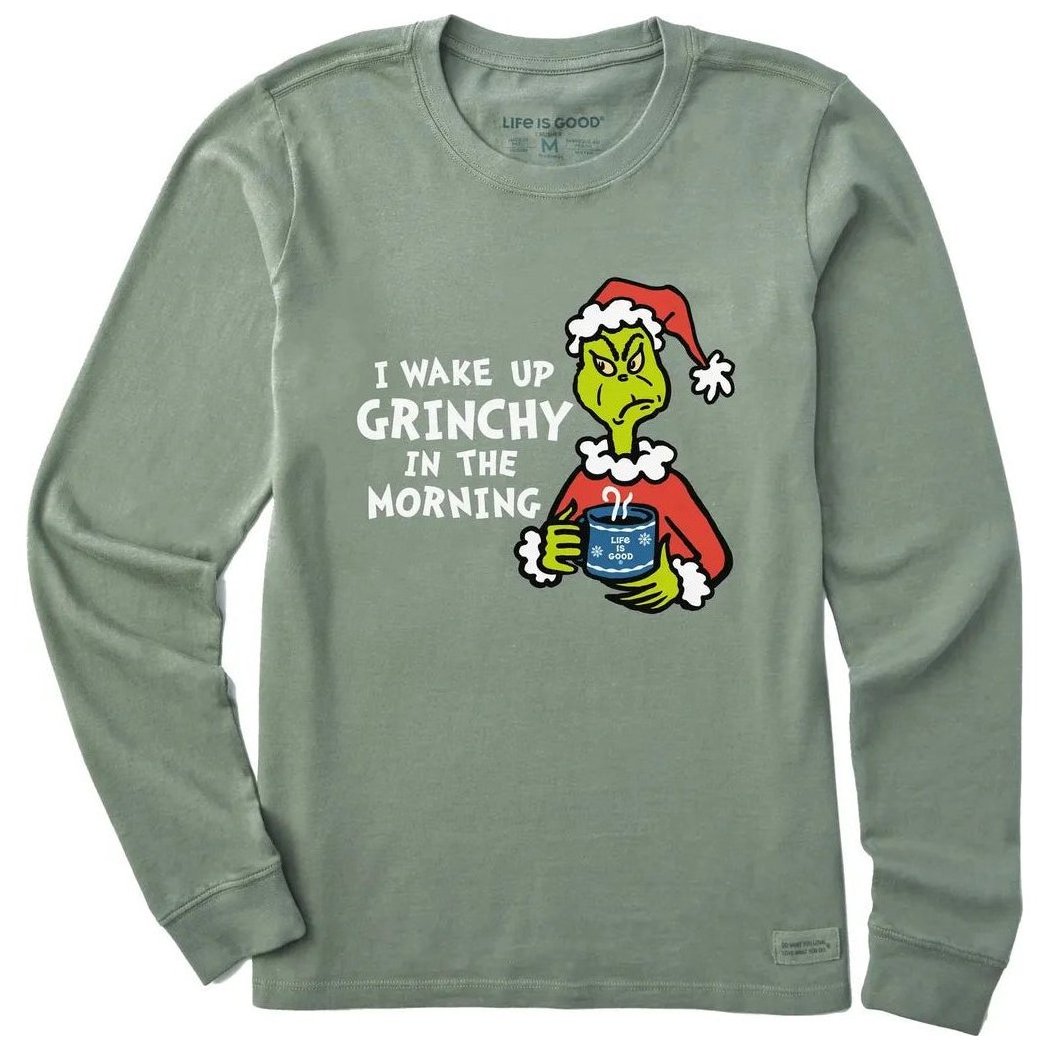 Life is Good Women's I Wake Up Grinchy in the Morning Long Sleeve Crusher Tee-Women's - Clothing - Tops-Moss Green-S-Appalachian Outfitters