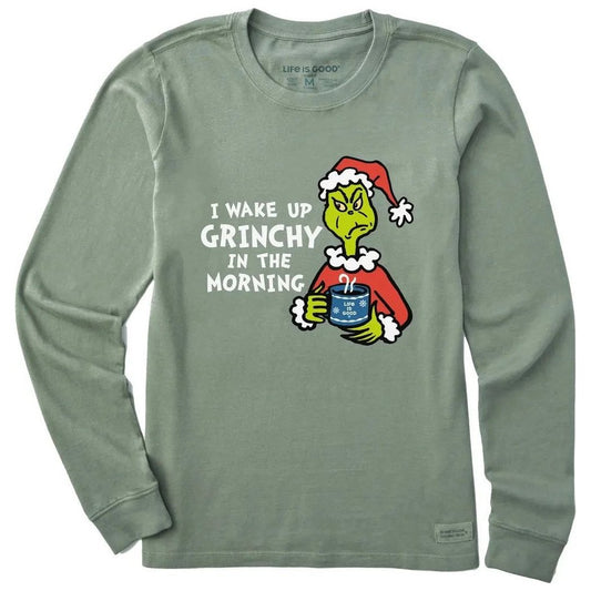 Life is Good Women's I Wake Up Grinchy in the Morning Long Sleeve Crusher Tee-Women's - Clothing - Tops-Moss Green-S-Appalachian Outfitters