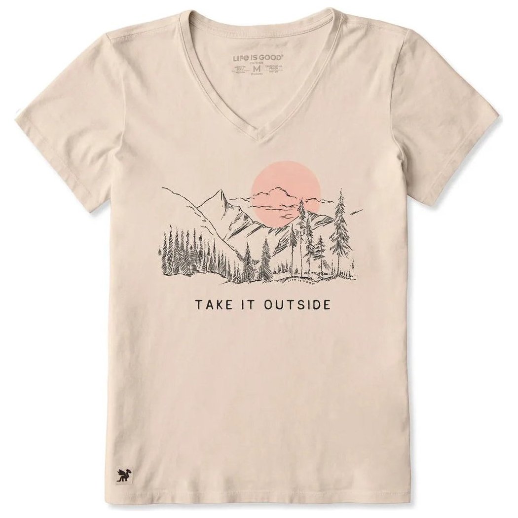 Life is Good Women's Mountain Trees Sketch Short Sleeve Crusher-LITE Vee-Women's - Clothing - Tops-Appalachian Outfitters
