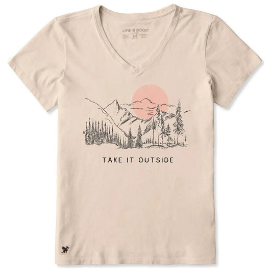 Life is Good Women's Mountain Trees Sketch Short Sleeve Crusher-LITE Vee-Women's - Clothing - Tops-Appalachian Outfitters