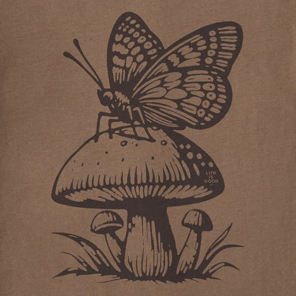 A butterfly sits on a mushroom graphic on the Life is Good Women's Mushy Butterfly Crusher Tee in Mushroom Brown.