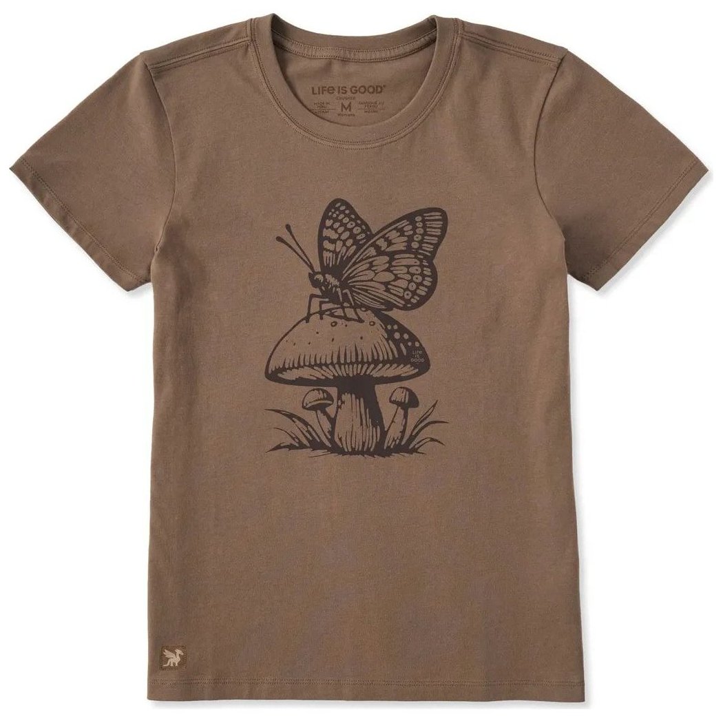 A front view of the Life is Good Women's Mushy Butterfly Short Sleeve Crusher Tee in Mushroom Brown showing the butterfly and mushroom graphic on the chest.